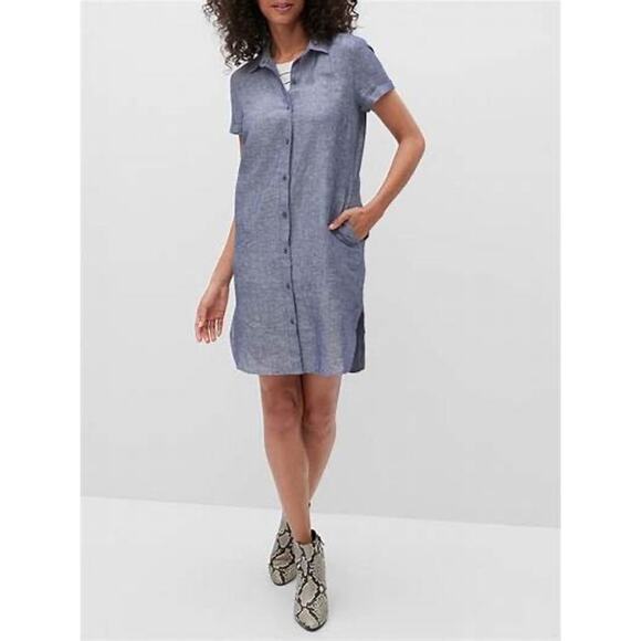 Banana Republic Petite Short Sleeve Roll Cuff Blue Linen Mini Shirt Dress Sz 0P - Picture 1 of 9